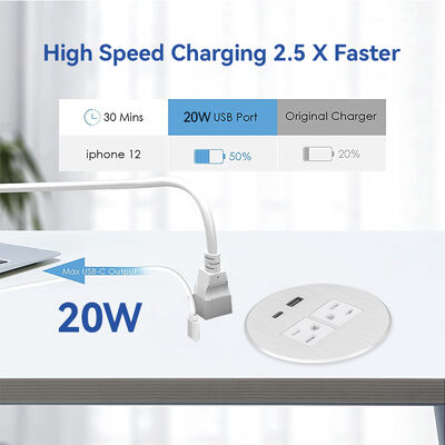 30W USB Charging UL Certified Desk Power Grommet with 80mm Cut for Office Desk Power Outlet