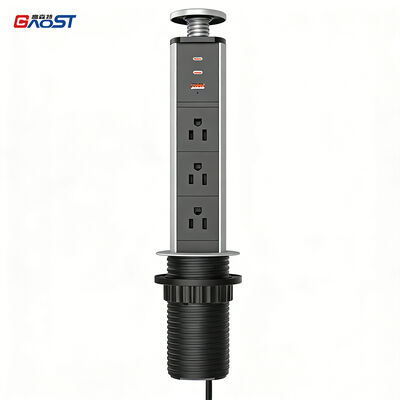 Retractable Power Socket with 3 American Outlets and 20W USB+C Charge for 62mm Hole