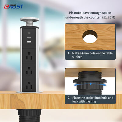 Retractable Power Socket with 3 American Outlets and 20W USB+C Charge for 62mm Hole