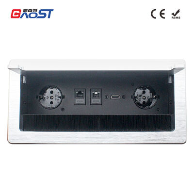 Flip Up Conference Electrical Socket with 2 Schuko Outlets RJ45 CAT6 HDMI Jack and Aluminum Alloy Faceplate