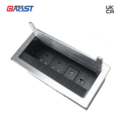 UKCA Certified Flip Up Socket with 2 Type G Sockets 10W USB Charge and CAT6 RJ45 for Conference Rooms
