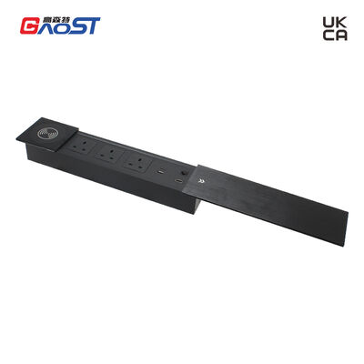 Aluminum Sliding Socket Desk Outlet with 15W Qi Wireless Charging 3 Type G UK Power Outlets and 20W USB Charging Ports