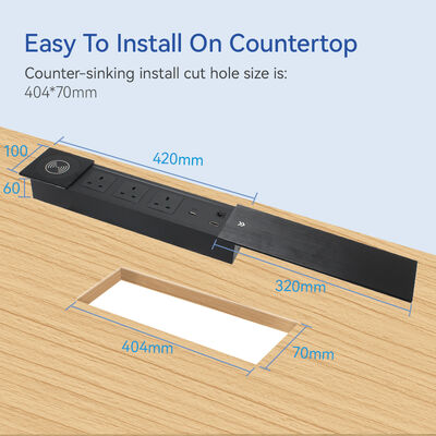 Aluminum Sliding Socket Desk Outlet with 15W Qi Wireless Charging 3 Type G UK Power Outlets and 20W USB Charging Ports