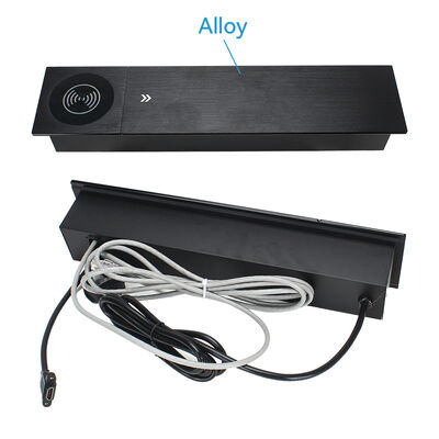 Aluminum Sliding Socket Desk Outlet with 15W Qi Wireless Charging 3 Type G UK Power Outlets and 20W USB Charging Ports