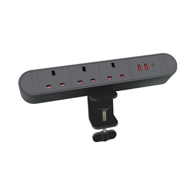 Portable Surge Protector with 20W USB Charge and 3 BS Outlets for 45mm Max Desk Thickness