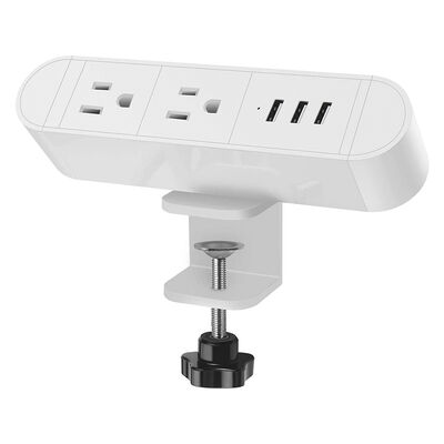 White Sleek Aluminium Clamp Mounted Surge Protector 3 USB Ports 45mm