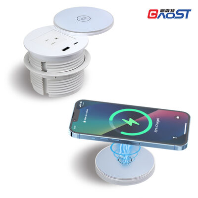 Recessed Desktop Power Strip with Wireless Charging Pad and Rotating Cover Black White