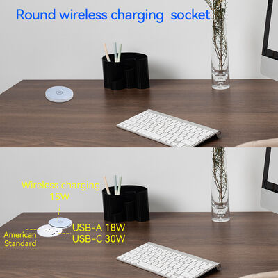 Recessed Desktop Power Strip with Wireless Charging Pad and Rotating Cover Black White