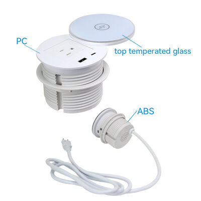 Recessed Desktop Power Strip with Wireless Charging Pad and Rotating Cover Black White
