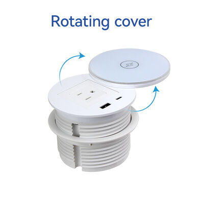 Recessed Desktop Power Strip with Wireless Charging Pad and Rotating Cover Black White