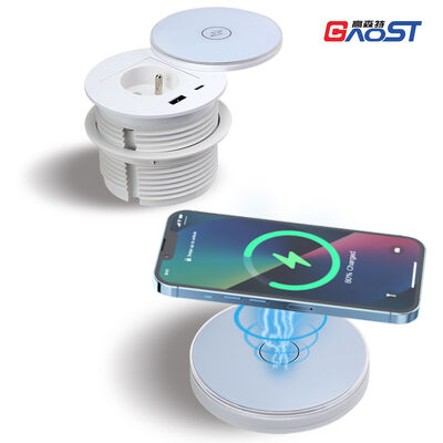 15W Wireless Charging Desk Power Grommet with Type E AC Outlet and 30W USB-C PD Fast Charge