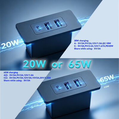 65W GaN Dual Port Recessed USB Charger Fast Charging Recessed Power Grommet for Sofa and Desk