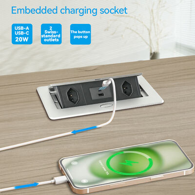 Embedded Conference Table Power Strip with PD 20W USB Charging and Switzland Type J Socket in Alloy Face Plate