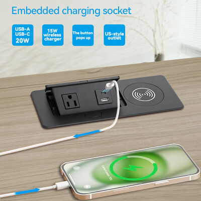 20W USB Charger Pop Up Socket Box with Type J Switzerland Outlet and Alloy Faceplate for Desks and Conference Tables
