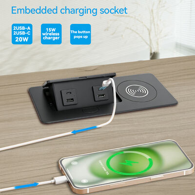 Recessed Power Strip with 15W Wireless Charging and Multi-Port Connectivity for Furniture Integration