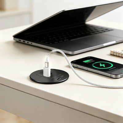 Modern Desk Power Grommet Recessed Power Strip with 20W USB-C and Fire-retardant Plastic for 82mm Diameter Mounting