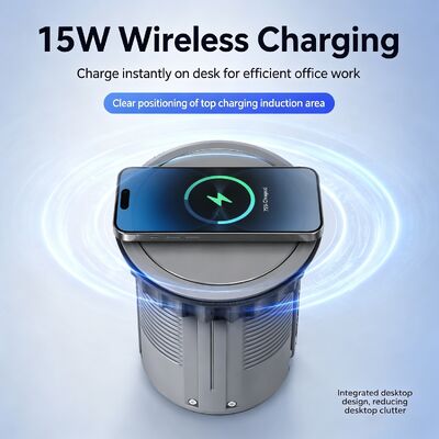 Retractable Power Socket with 3 American Outlets 20W USB Charger and 15W Wireless Charging Pad