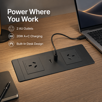 Flush Mount Desk Power Strip with 2 AU Outlets 20W USB C SAA Approved Alloy Material V0 flame