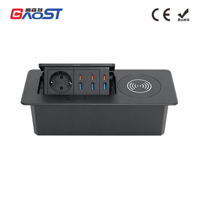 Premium Desktop Pop Up Power Station with Aluminum Panel Schuko Socket Multi Port USB Fast Charge and 15W Wireless Charging Pad