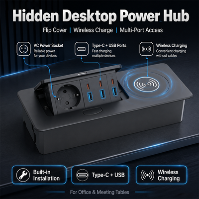 Premium Desktop Pop Up Power Station with Aluminum Panel Schuko Socket Multi Port USB Fast Charge and 15W Wireless Charging Pad
