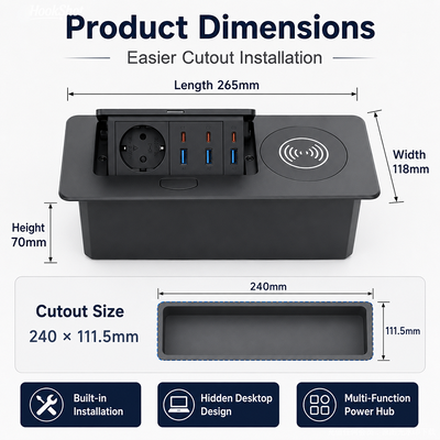 Premium Desktop Pop Up Power Station with Aluminum Panel Schuko Socket Multi Port USB Fast Charge and 15W Wireless Charging Pad