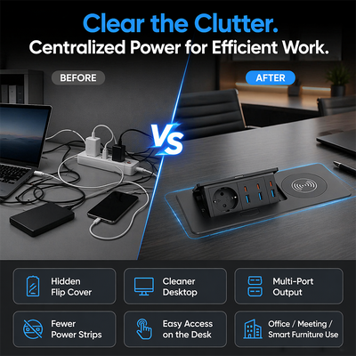 Premium Desktop Pop Up Power Station with Aluminum Panel Schuko Socket Multi Port USB Fast Charge and 15W Wireless Charging Pad