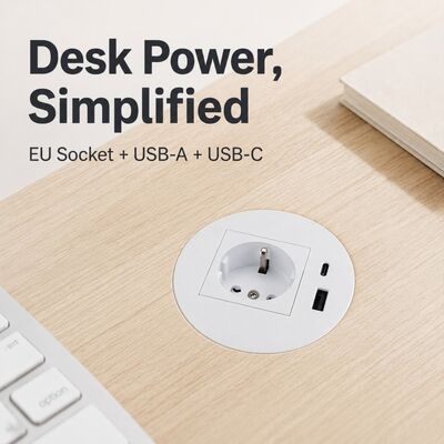 Desk Power Grommet with 20W Fast Charge Schuko Power Socket and ABS Material Recessed Power Outlet