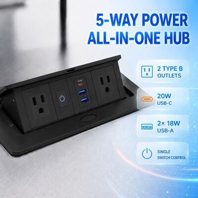 Compact Desk Mount Power Outlet Box with 20W PD Charge 3 Ports and Damped Spring Structure UL CUL Certificated