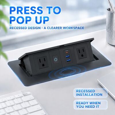 Compact Desk Mount Power Outlet Box with 20W PD Charge 3 Ports and Damped Spring Structure UL CUL Certificated