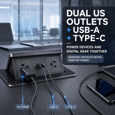 UL Certified Recessed Desktop Power Station with 15W Wireless Charging and 20W Fast Charging USB Ports