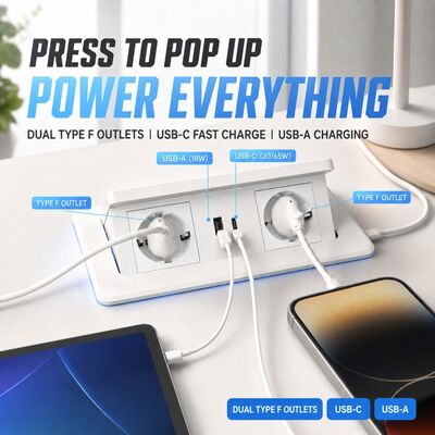 Pop Up Desk Power Strip with 20W Fast Charging 15W Wireless Charging and V0 Fireproof Plastic