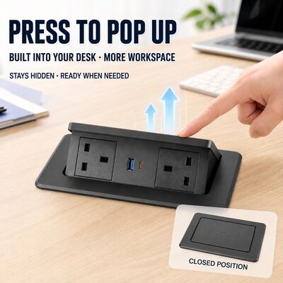Pop Up Desk Power Strip Wireless Charger 20W Type C USB A Outlets UKCA Certified Hub