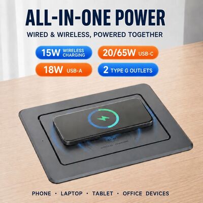 Pop Up Desk Power Strip Wireless Charger 20W Type C USB A Outlets UKCA Certified Hub