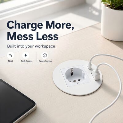 Desk Power Grommet with 20W Fast Charge Schuko Power Socket and ABS Material Recessed Power Outlet