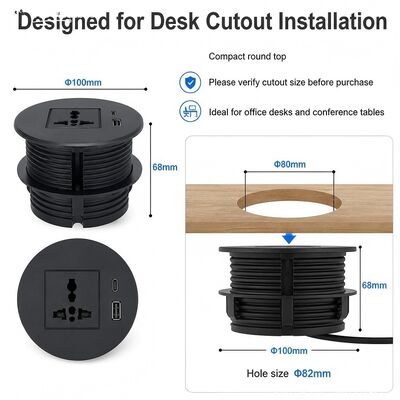 Modern Desk Power Grommet Recessed Power Strip with 20W USB-C and Fire-retardant Plastic for 82mm Diameter Mounting