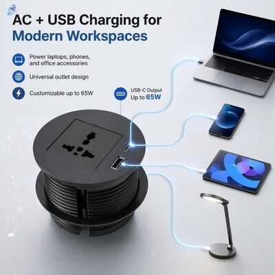 Modern Desk Power Grommet Recessed Power Strip with 20W USB-C and Fire-retardant Plastic for 82mm Diameter Mounting
