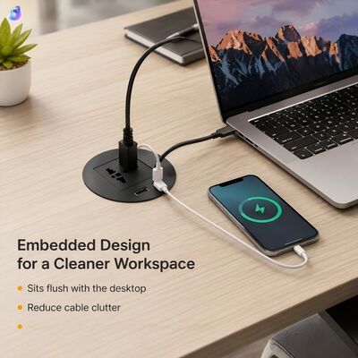 Modern Desk Power Grommet Recessed Power Strip with 20W USB-C and Fire-retardant Plastic for 82mm Diameter Mounting