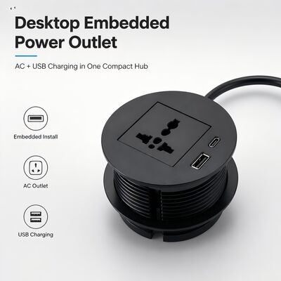 Modern Desk Power Grommet Recessed Power Strip with 20W USB-C and Fire-retardant Plastic for 82mm Diameter Mounting