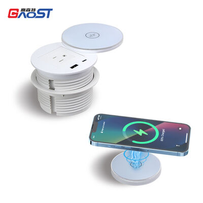 Recessed Power Strip with 15W Wireless Charging PD 30W USB-C and 180° Rotating Cover for Desk