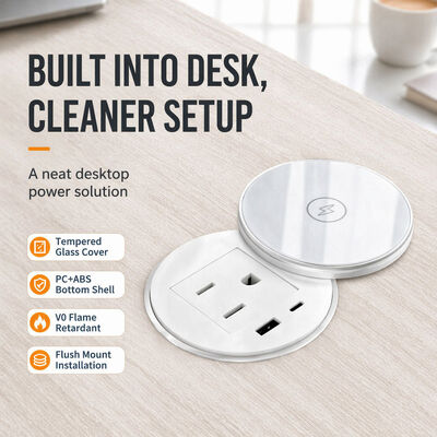 Recessed Power Strip with 15W Wireless Charging PD 30W USB-C and 180° Rotating Cover for Desk