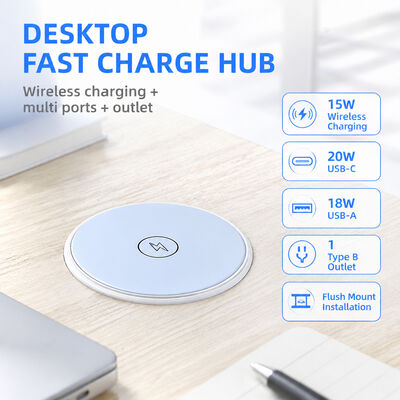Recessed Power Strip with 15W Wireless Charging PD 30W USB-C and 180° Rotating Cover for Desk