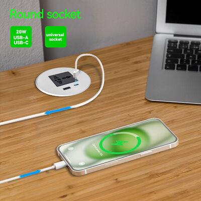 Universal Recessed Desk Grommet Power Outlet with 20W QC 3.0 USB Charge and Alloy Faceplate