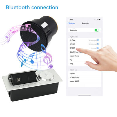 Recessed Furniture Outlet with 15W Wireless Charging Built-in Hi-Fi Bluetooth Speaker and Pop-up Outlet USB Ports