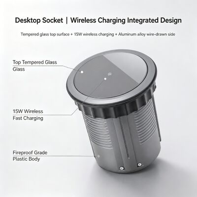 Retractable Power Socket with 3 American Outlets 20W USB Charger and 15W Wireless Charging Pad