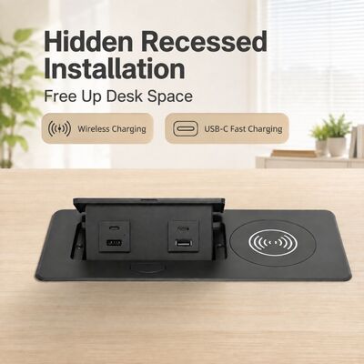 Aluminum Alloy Recessed Pop Up Socket Box with 15W Wireless Charger and Dual 20W USB-C PD Ports