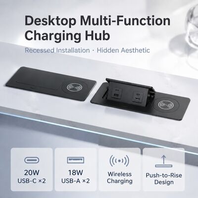Aluminum Alloy Recessed Pop Up Socket Box with 15W Wireless Charger and Dual 20W USB-C PD Ports