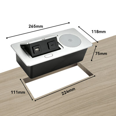 Pop-Up Power Grommet Hub with 20W USB-C Fast Charging and 15W Wireless Charger in Fire-Retardant Aluminum Design