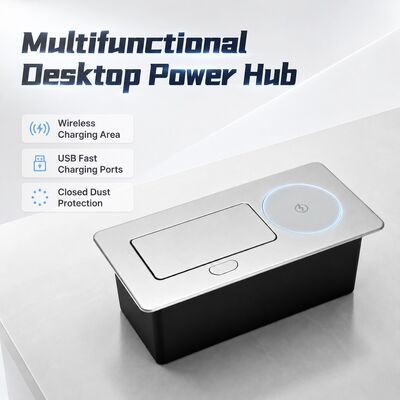 Pop-Up Power Grommet Hub with 20W USB-C Fast Charging and 15W Wireless Charger in Fire-Retardant Aluminum Design