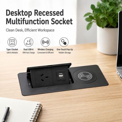 SAA Certified Recessed Pop Up Socket Box with Wireless Charger and Dual USB-A for Desk Power Hub