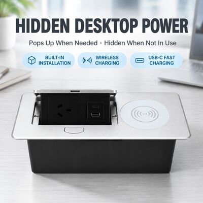 SAA Certified Aluminum Recessed Pop-Up Desk Power Outlet with 15W Wireless Charger, 20W USB-C PD & 18W QC USB-A